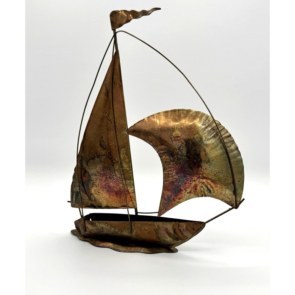 Vintage MCM Metal Sailboat Shelf Sculpture Copper Tone Nautical Decor 11.5"